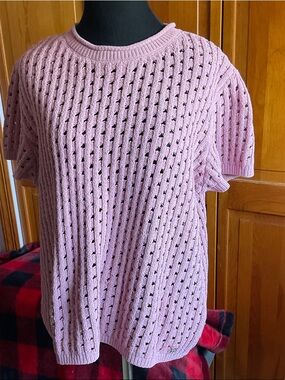 DKNY Light Pink Open-Knit Short Sleeve Sweater